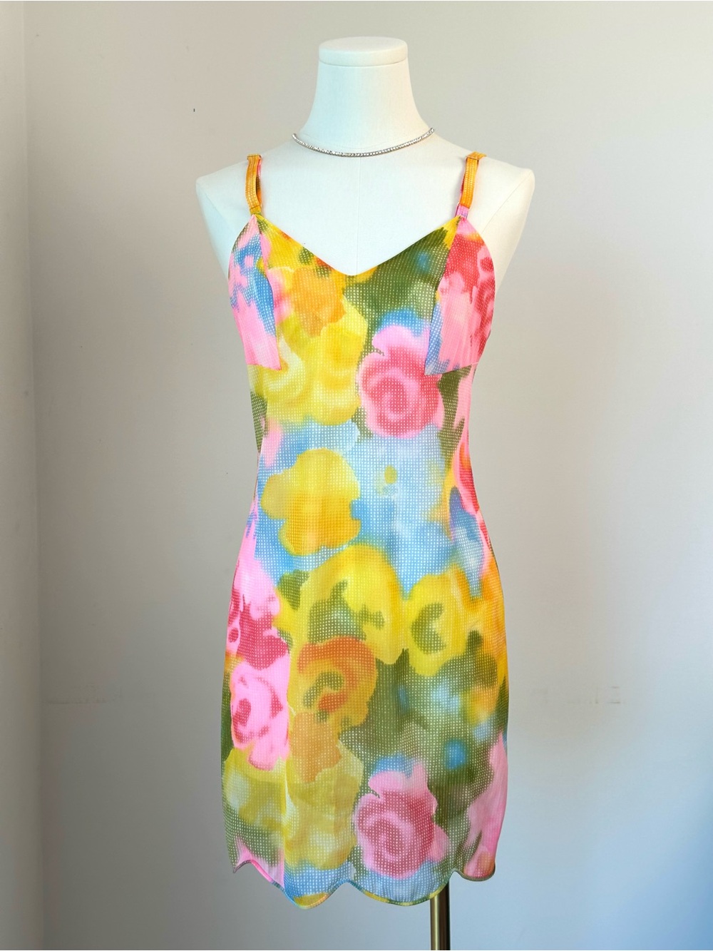 Vintage Vanity Fair Pink Yellow Blue Floral Slip Mini Sheer Dress Scalloped Hem